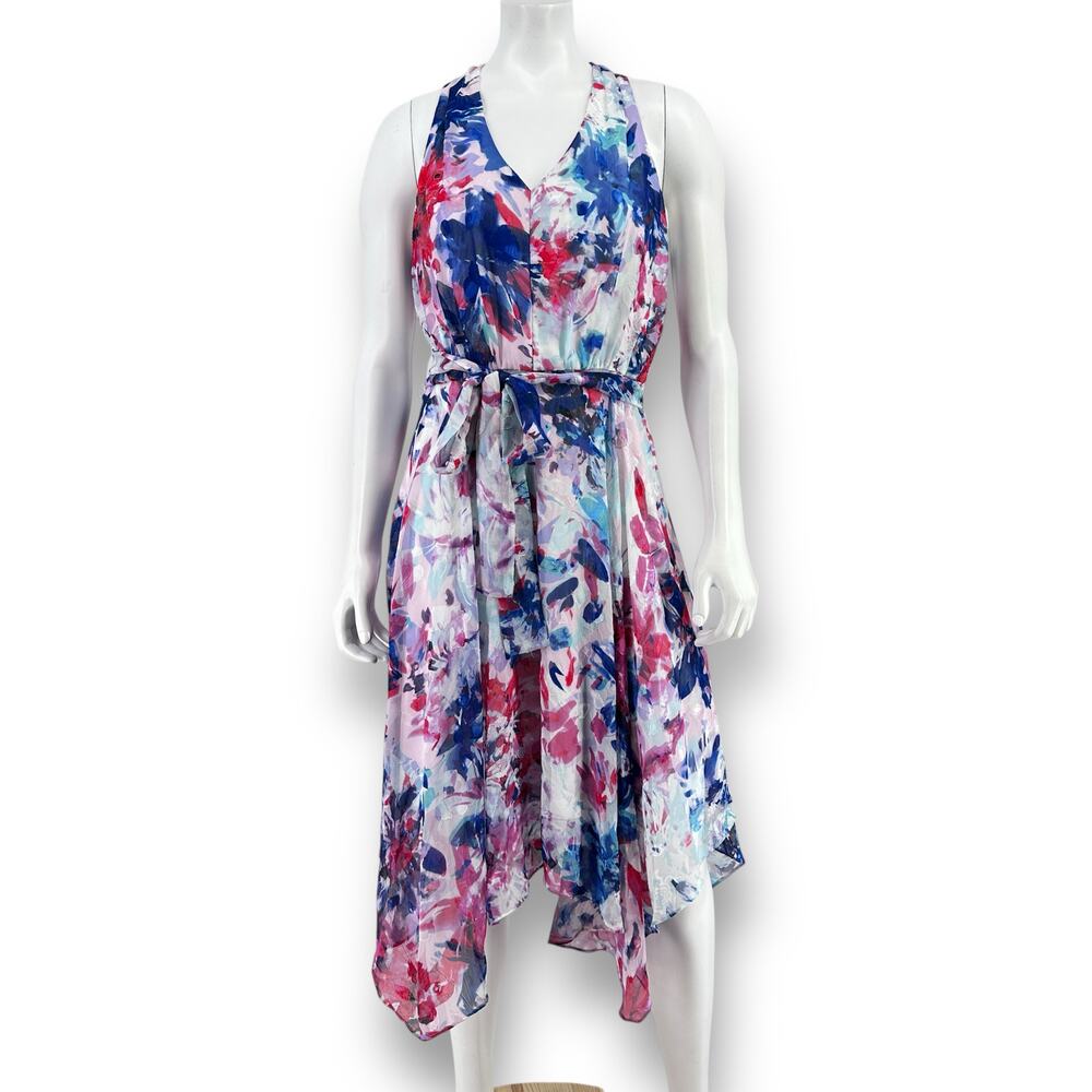 Donna Karan Abstract Floral Asymmetrical Hem Chiffon Dress Womens Size 6